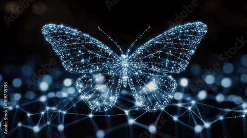 Digital butterfly made of glowing particles against a dark background photo