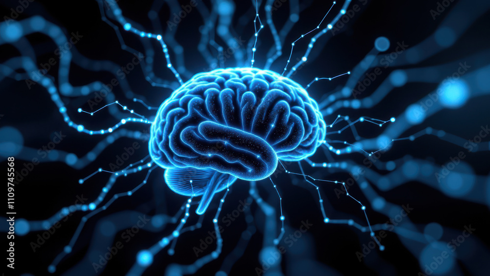 Fototapeta premium AGI's neural network with blue light and dots on a dark background.