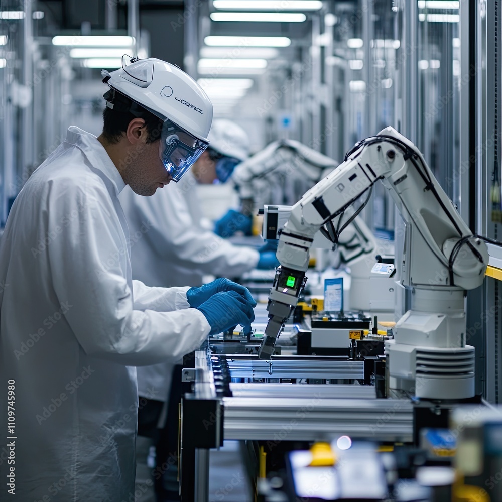 Naklejka premium Engineers and robots collaborate in a high-tech laboratory, emphasizing precision, innovation, and the integration of AI in manufacturing processes.