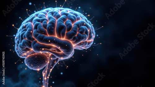 Illustration of a human brain with an AI or Artificial General Intelligence theme, depicting advanced cognitive abilities and connectivity.