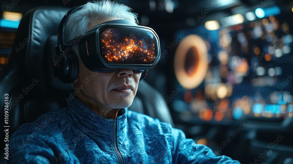 A Elderly man piloting a space exploration VR sim his glowing awe discovering virtual galaxies A Elderly man piloting a space exploration VR sim his glowing awe discovering virtual galaxies