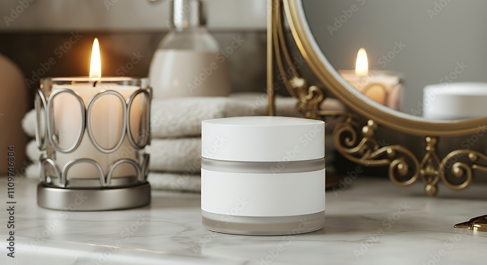 A face cream jar mock-up with a matte white lid and blank label, placed on a spa-themed setup 3d illustration brand mock-up template.