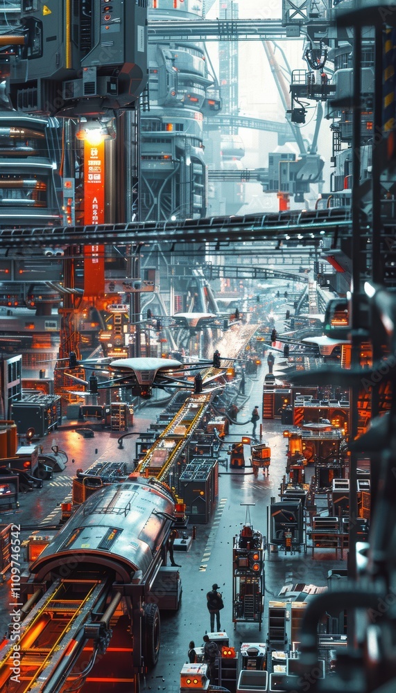 Futuristic Drone Manufacturing Line with Automated Robotic Arms in Modern Factory Setting Futuristic Drone Manufacturing Line with Automated Robotic Arms in Modern Factory Setting