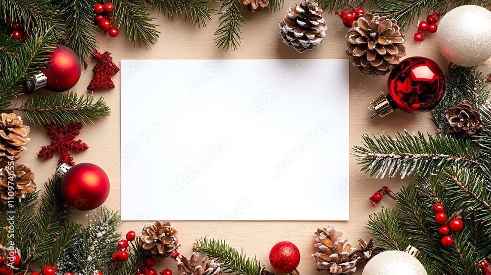 A white blank mockup with Christmas decorations, perfect for creating holiday-themed designs. A white blank mockup with Christmas decorations, perfect for creating holiday-themed designs.
