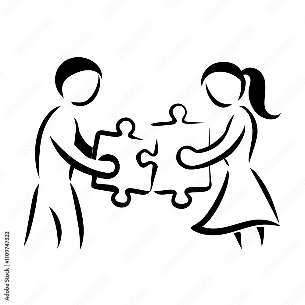 Two people holding puzzle pieces icon in black and white.
Two people holding puzzle pieces icon in black and white.