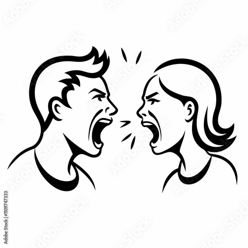 Angry couple arguing icon in black and white.  
