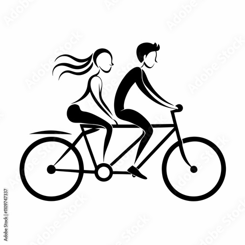 Couple riding tandem bicycle icon in black and white.  
