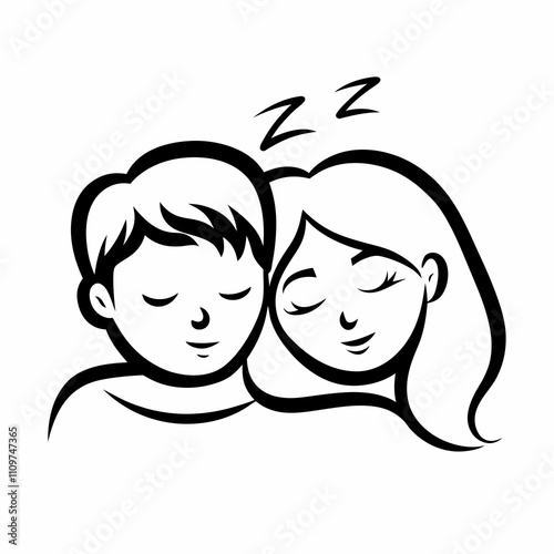 Sleeping couple icon with peaceful expression in black and white.  
