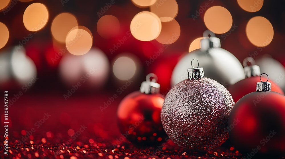 A festive background with Christmas decoration balls in red and silver, creating a luxurious and elegant atmosphere. A festive background with Christmas decoration balls in red and silver, creating a luxurious and elegant atmosphere.