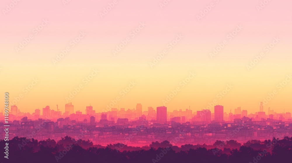 Pink sunset over city skyline, trees below.