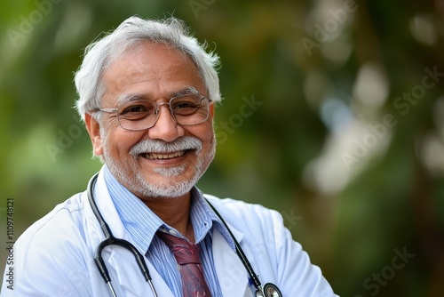 Friendly senior doctor with a warm smile, wearing glasses and a stethoscope, outdoors against a soft natural background