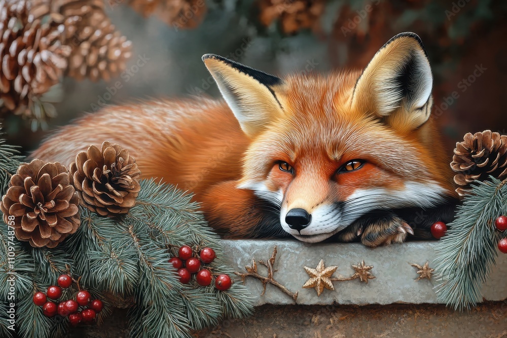 Fototapeta premium Relaxed red fox resting near a snow-covered pine tree adorned with frosted pinecones, berries, and natural festive decorations