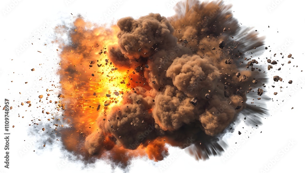 Fiery explosion with debris and smoke billowing outwards, creating a dramatic, chaotic scene against a stark white background. Fiery explosion with debris and smoke billowing outwards, creating a dramatic, chaotic scene against a stark white background.