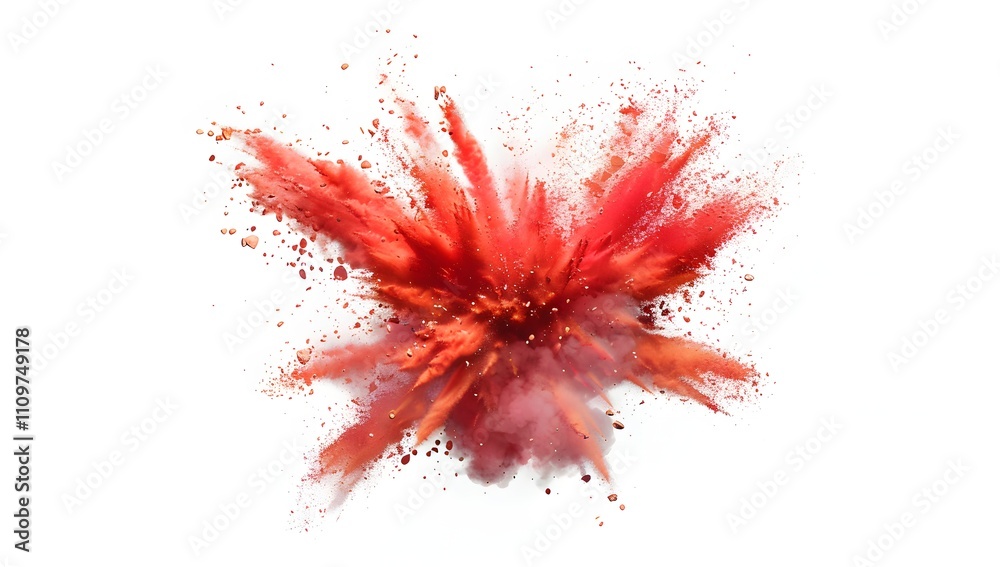 Vibrant red powder explosion on white background. A burst of color and energy, perfect for dynamic designs. Vibrant red powder explosion on white background. A burst of color and energy, perfect for dynamic designs.
