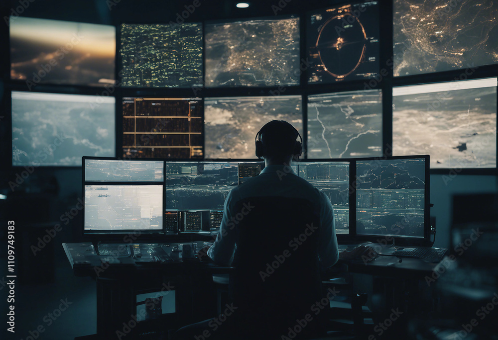 Focused Air Traffic Controller Monitoring Flight Data On Multiple Screens In A Dark Control Center Focused Air Traffic Controller Monitoring Flight Data On Multiple Screens In A Dark Control Center