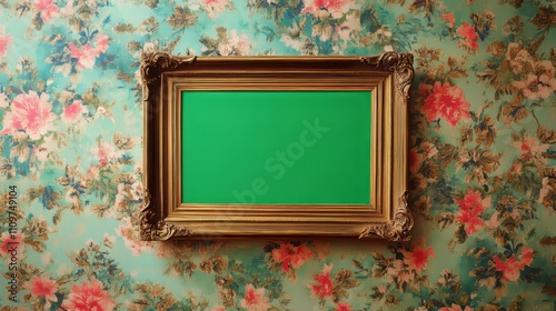 A vintage, ornate frame with a green screen, positioned on a vintage wall photo