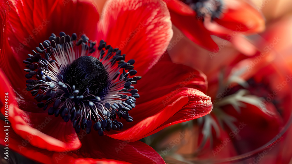 The pistils and stamens of the flower: Close-up of anemones in a glass vase, focusing on the flower�s heart, for a floral shop concept. The pistils and stamens of the flower: Close-up of anemones in a glass vase, focusing on the flower�s heart, for a floral shop concept.
