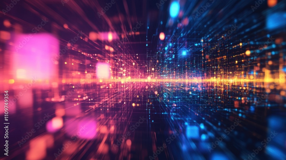 Futuristic data visualization with neon lights and grid patterns in pink, blue, and orange tones Futuristic data visualization with neon lights and grid patterns in pink, blue, and orange tones