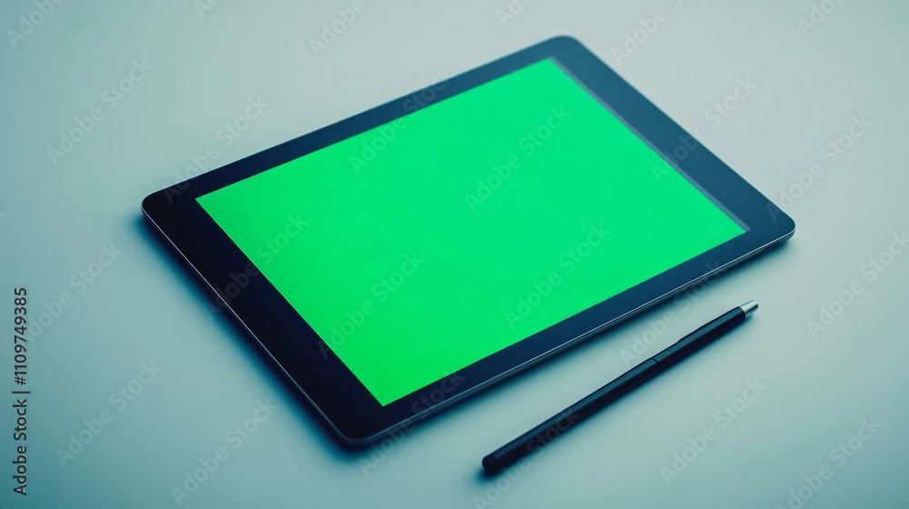 A tablet with a green screen lying flat on a smooth, white surface with a stylus beside it. A tablet with a green screen lying flat on a smooth, white surface with a stylus beside it.