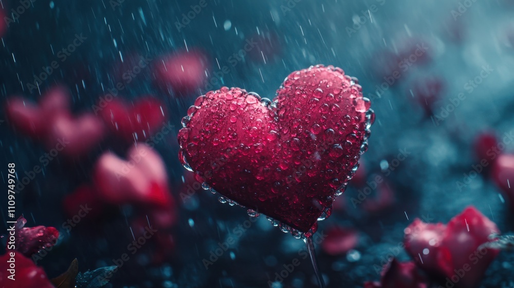Heart-shaped decoration covered with water droplets under the rain with blurred red roses in the background Heart-shaped decoration covered with water droplets under the rain with blurred red roses in the background