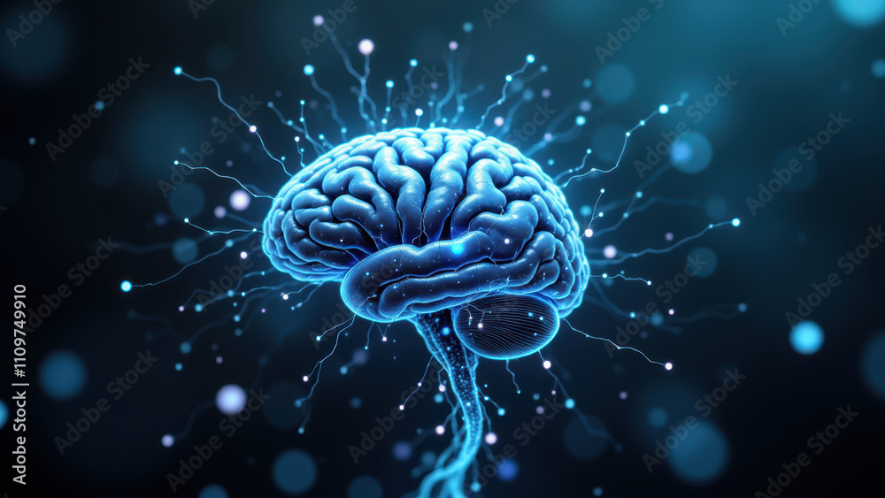 Fototapeta premium A computer-generated image of a human brain with blue lightning emanating from it, symbolizing artificial general intelligence or advanced computational power.