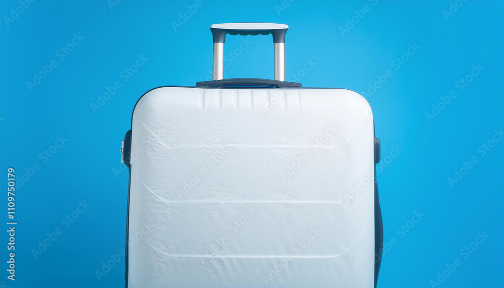 White suitcase on blue background. Travel luggage. White suitcase on blue background. Travel luggage.