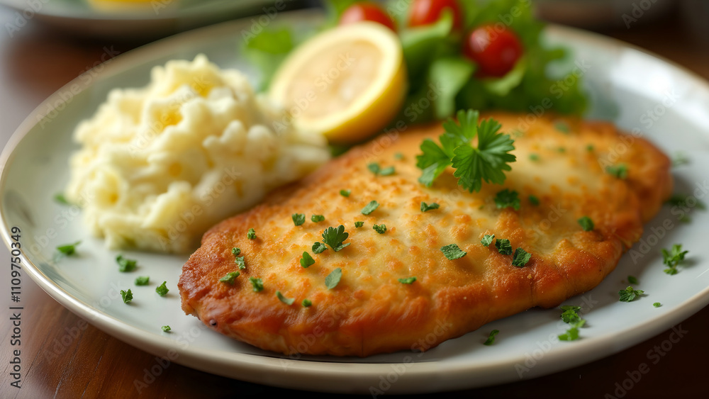 A Culinary Delight: Perfectly Cooked Pork Schnitzel with Sides of Mashed Potatoes and Garden Salad A Culinary Delight: Perfectly Cooked Pork Schnitzel with Sides of Mashed Potatoes and Garden Salad