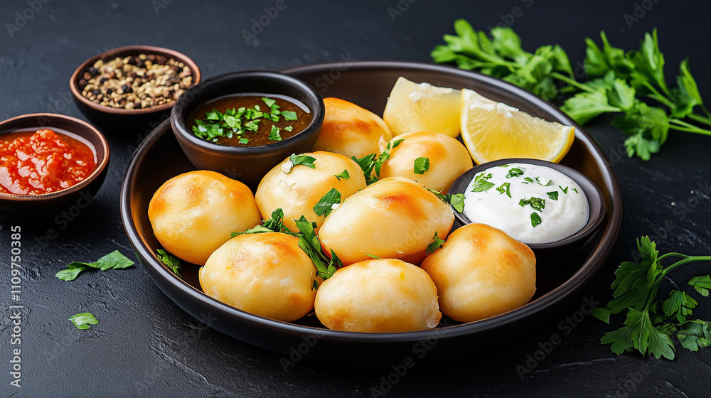 Savory dumplings garnished with fresh herbs sit alongside garlic sauce and condiments Savory dumplings garnished with fresh herbs sit alongside garlic sauce and condiments