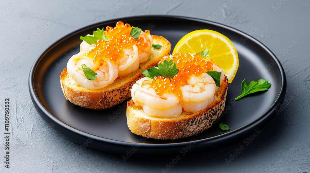 Creamy shrimp on toasted bread with lemon and herbs, perfect for appetizers Creamy shrimp on toasted bread with lemon and herbs, perfect for appetizers