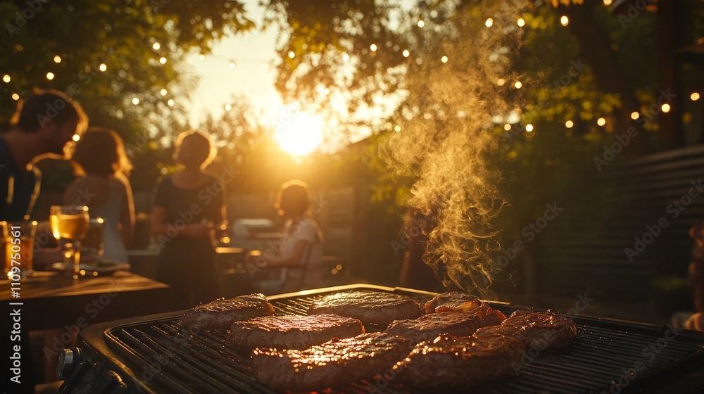 A sunset barbecue gathering with sizzling steaks and people enjoying the outdoors. A sunset barbecue gathering with sizzling steaks and people enjoying the outdoors.