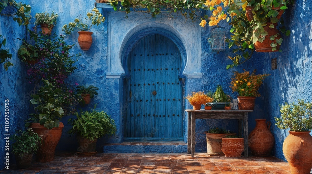 Fototapeta premium Vibrant Blue Moroccan Courtyard with Rustic Wooden Door and Potted Plants, Moroccan Blue Wall and Door with Vibrant Flowers and Green Plants, Mediterranean Courtyard with Blue Door and Terracotta Pot 