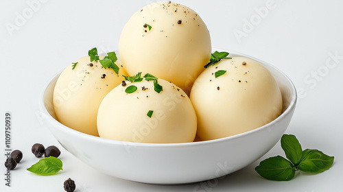 Soft kndel slices show their fluffy texture, garnished with herbs and spices in a bowl photo