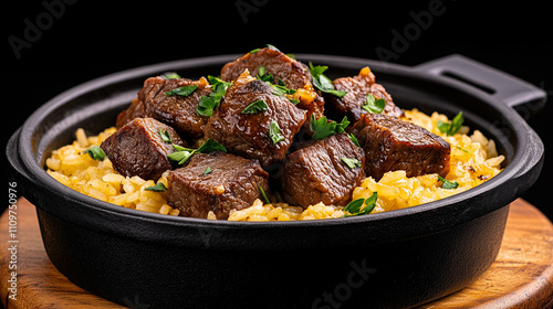 Savory arroz carreteiro combines beef and rice, garnished with fresh herbs in a rustic pot photo