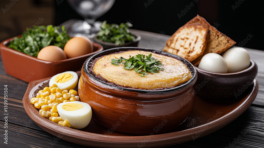 Savor a la huancana on a ceramic platter, beautifully arranged with eggs and fresh ingredients