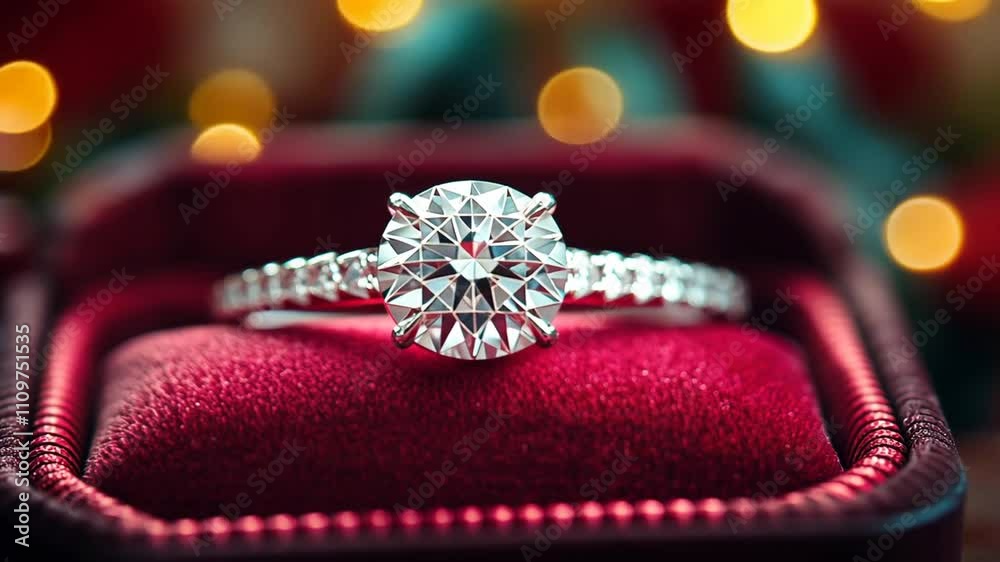 Diamond Engagement Ring in Red Velvet Box, Sparkling Gem Diamond Engagement Ring in Red Velvet Box, Sparkling Gem
