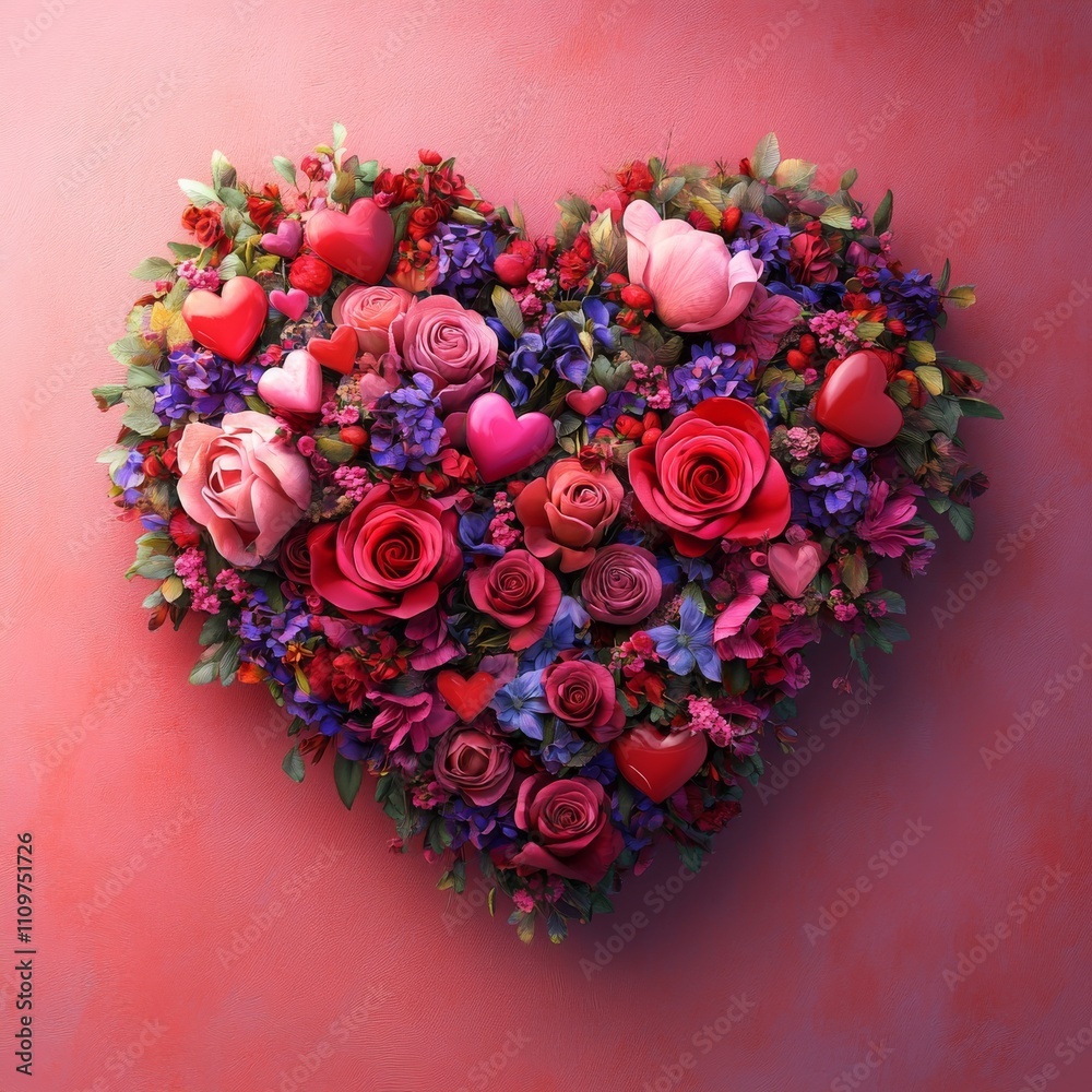 A vibrant heart-shaped arrangement of roses and flowers, celebrating love and beauty in a stunning display. A vibrant heart-shaped arrangement of roses and flowers, celebrating love and beauty in a stunning display.
