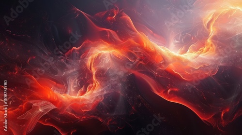 Abstract fiery red and white smoke on a dark background with glowing particles.