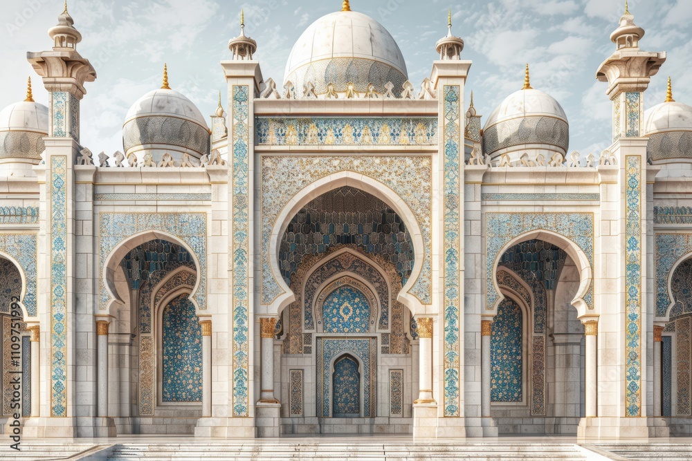 Fototapeta premium Ornate architectural facade featuring intricate designs and domes.