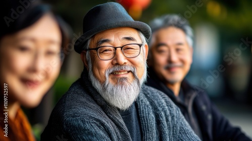 Happy elderly man with a gray beard wearing glasses and a hat, enjoying time with family or friends in a vibrant outdoor setting with smiles and warmth