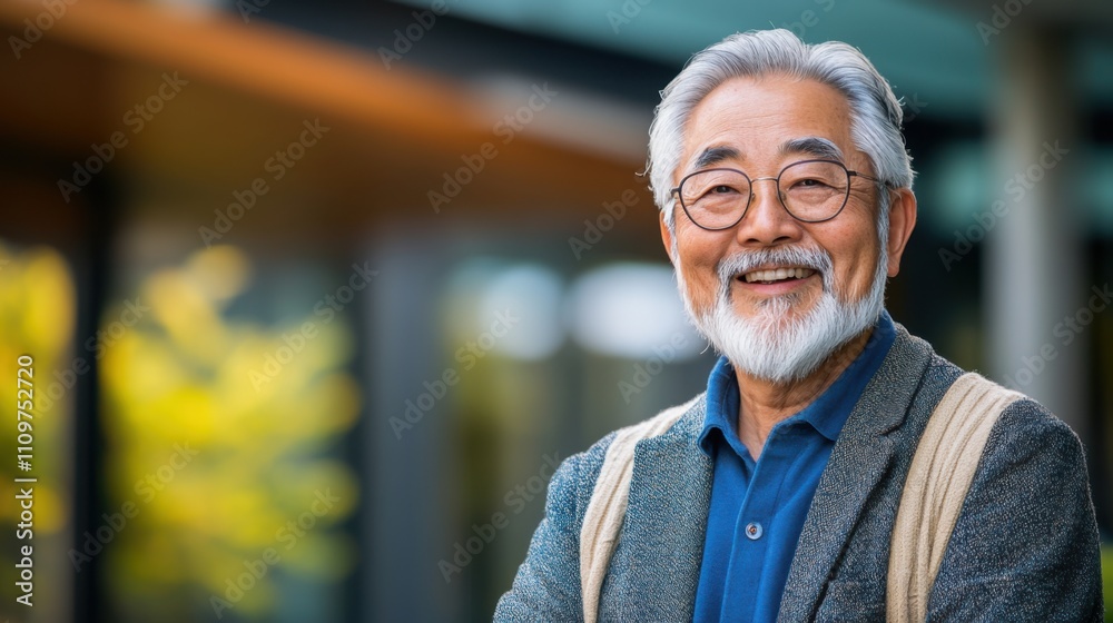 Smiling elderly man with glasses and gray beard wearing a casual outfit against a blurred outdoor background in a bright and cheerful environment Smiling elderly man with glasses and gray beard wearing a casual outfit against a blurred outdoor background in a bright and cheerful environment