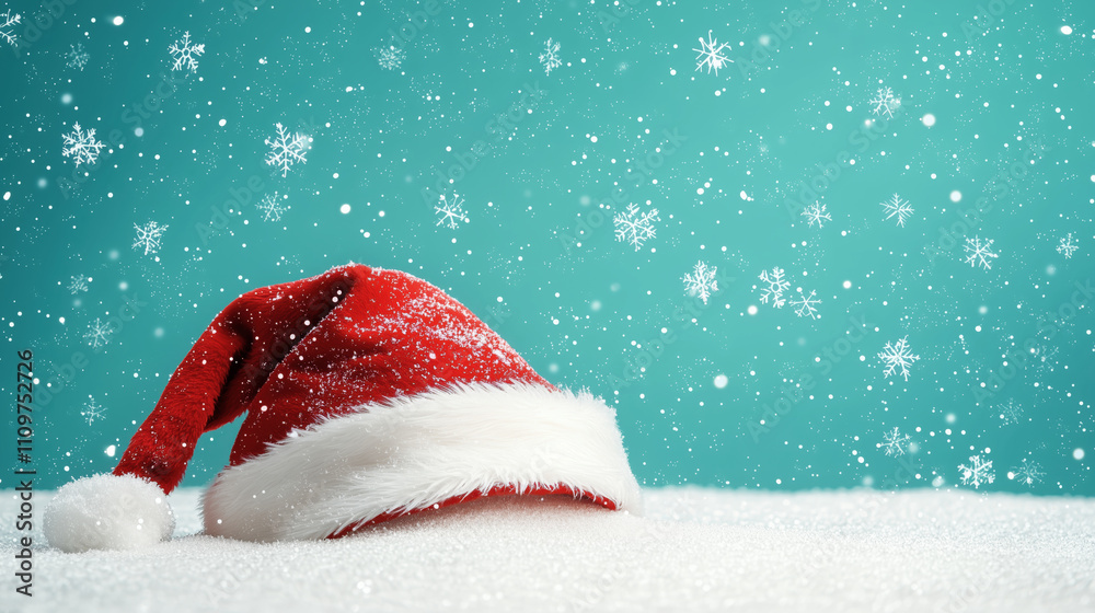 Festive Santa hat surrounded by falling snowflakes Festive Santa hat surrounded by falling snowflakes