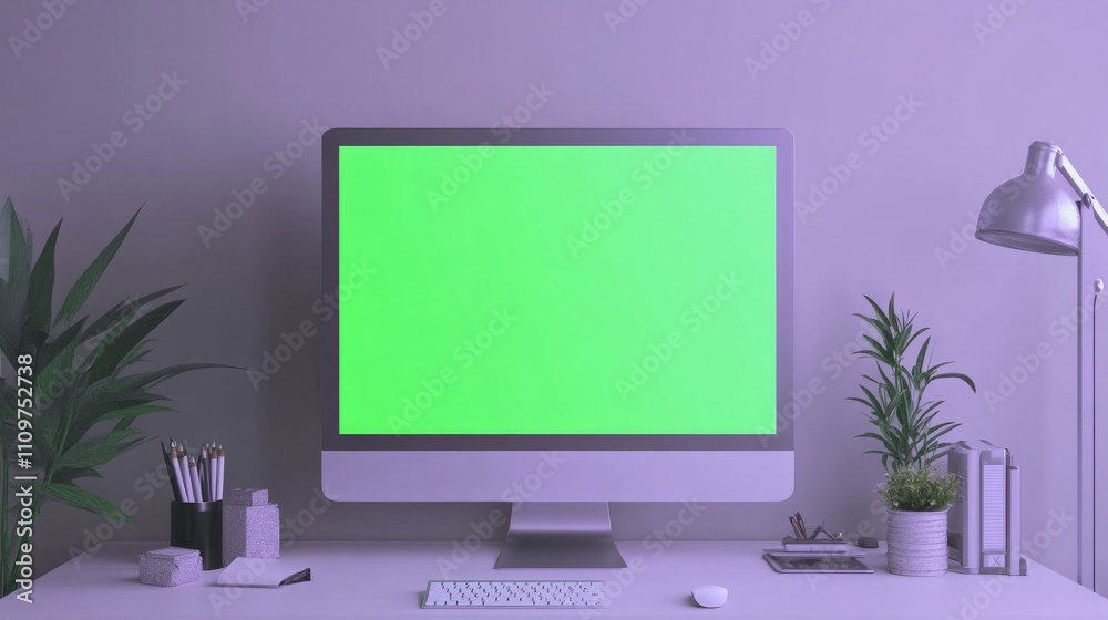 A metallic silver frame with a green screen, displayed on a light lavender wall in a modern office space A metallic silver frame with a green screen, displayed on a light lavender wall in a modern office space