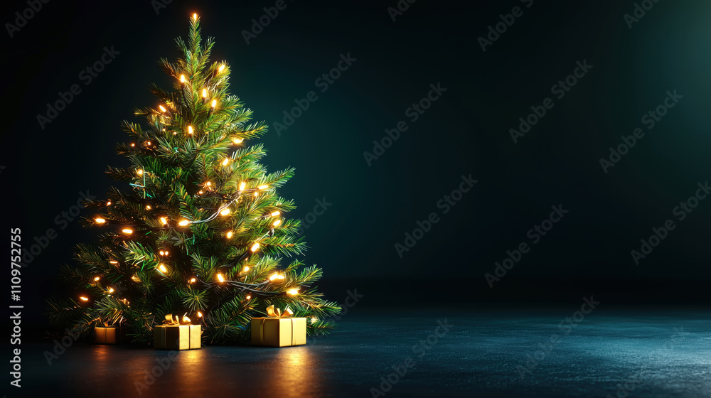 Festively decorated Christmas tree with glowing lights and copy space for background Festively decorated Christmas tree with glowing lights and copy space for background