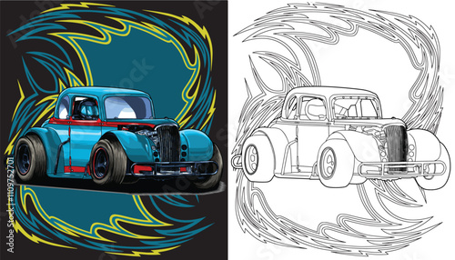 Outline blue and painted racing car. Isolated in white background, for t-shirt design, print, and for business purposes.
