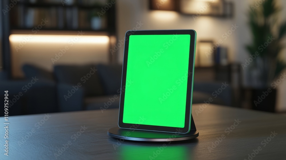 A side view of a tablet with a green screen displayed on a wireless charging station. A side view of a tablet with a green screen displayed on a wireless charging station.