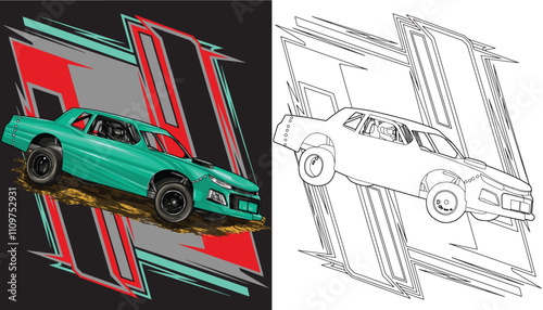 Outline green and painted racing car. Isolated in black background, for t-shirt design, print. and for business purposes.