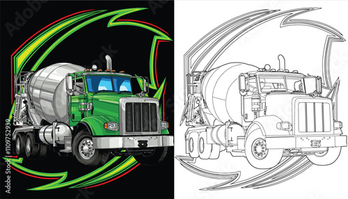 Outline green and painted racing car. Isolated in a black background, for t-shirt design, print, and for business purposes