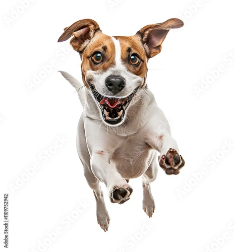 A joyful Jack Russell Terrier leaps through the air, its tongue lolling and expression full of playful energy. 