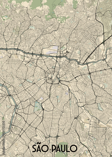 A detailed map of São Paulo, Brazil, rendered in a vintage style. The map features a beige background with black lines representing streets and roads. Green areas depict parks