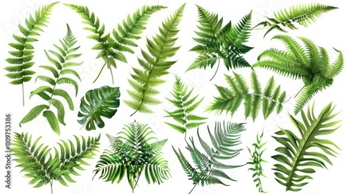 A collection of 18 realistic fern leaves and fronds isolated on a white background.